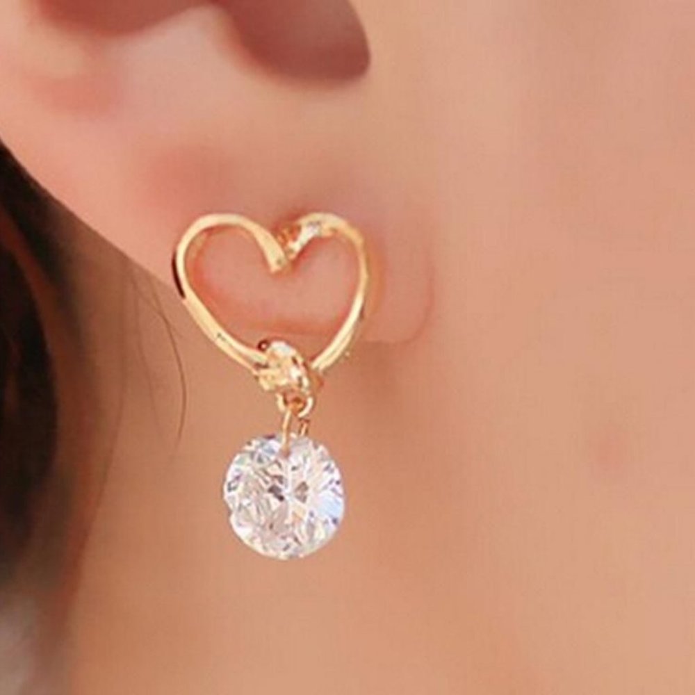 NEW Gold Heart Stud with Dangling Crystal Earrings Women GORGEOUS DAINTY Sweet - Picture 2 of 5